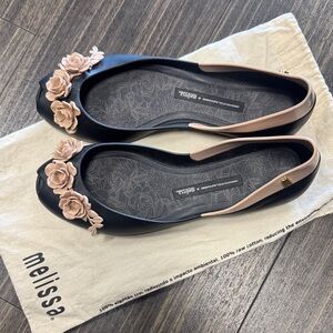 Melissa Black and Pink Rose Embellished Flats